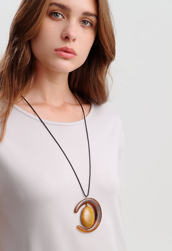 Choice Crescent Moon Resin Acrylic Cord Chain Statement Necklace Brown/Gold