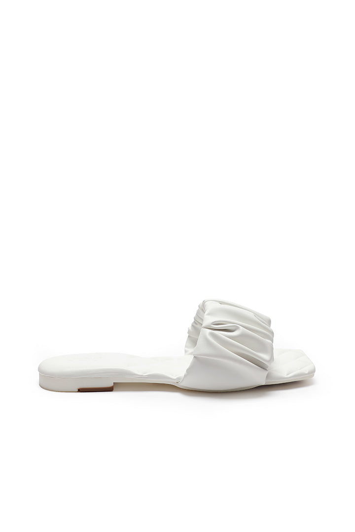 Choice Quilted Ruched Faux Leather Flat Mule Sandal White