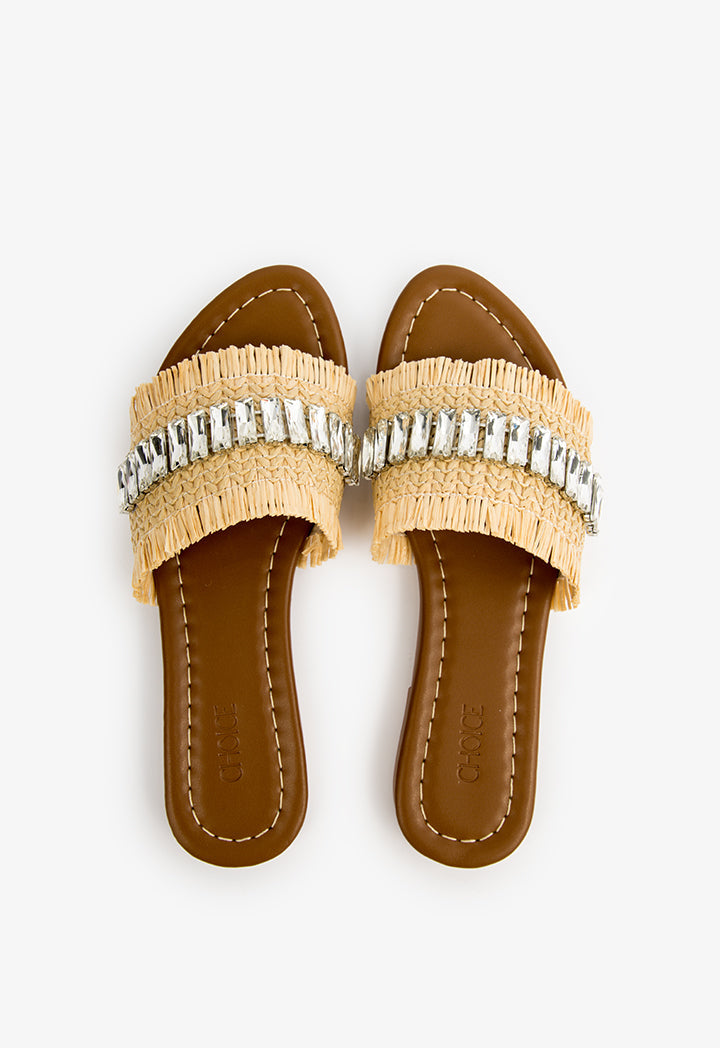 Choice Embellished Straw Flat Sandals Beige