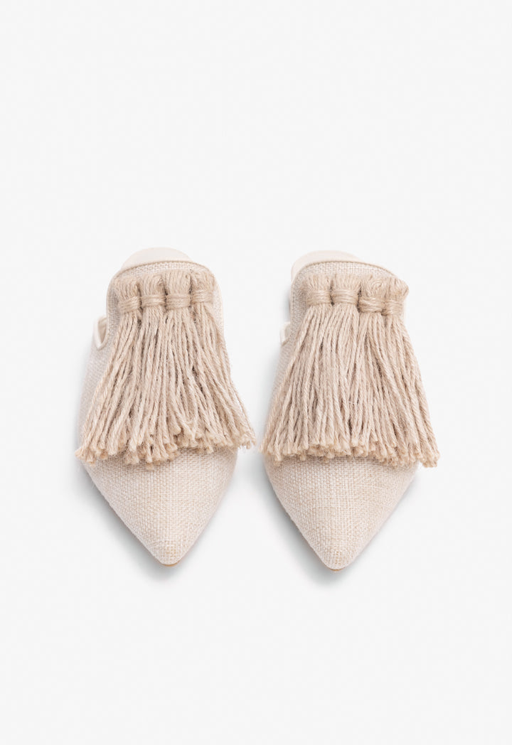 Choice Pointed Toe Tassel Mules Light Beige