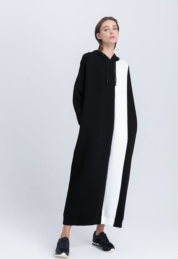 Choice Stretch Knit Neoprene Drawstring Hoodie Dress Offwhite/Black