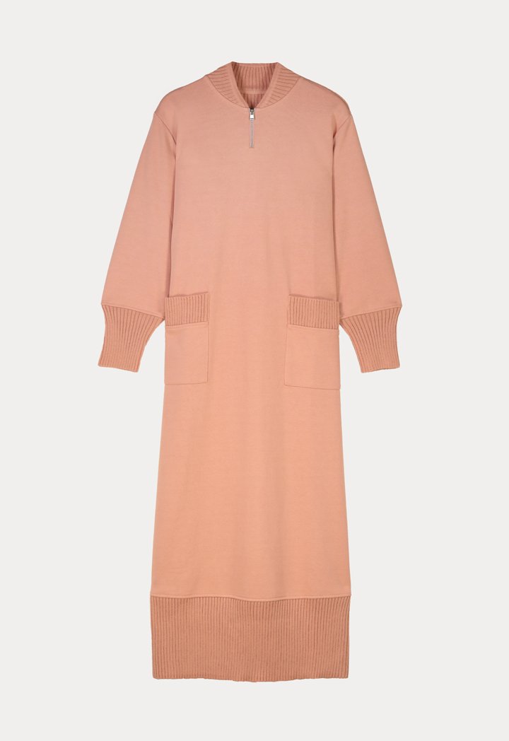 Choice Double Knit Trim Stand Collar Dress Apricot