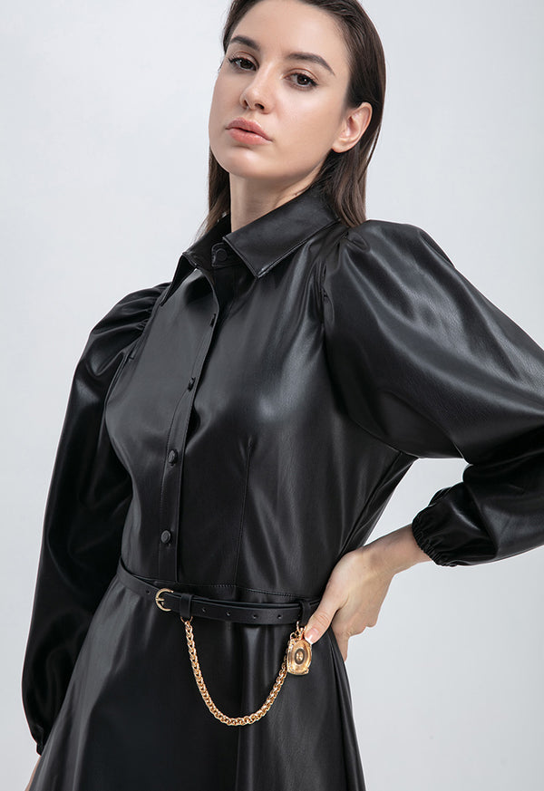 Choice Faux Leather Puff Long Sleeve Half Placket Dress Black