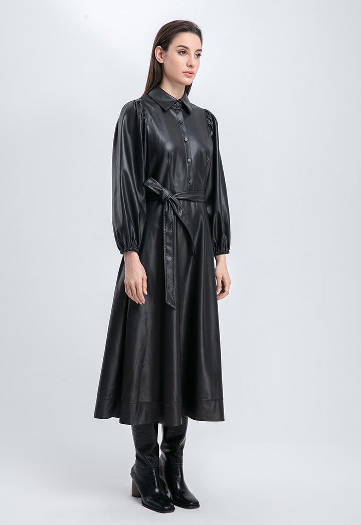 Choice Faux Leather Puff Long Sleeve Half Placket Dress Black