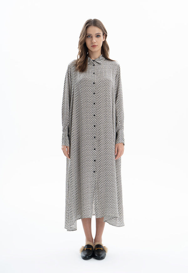 Choice Chevron Pattern Shirt Dress Offwhite