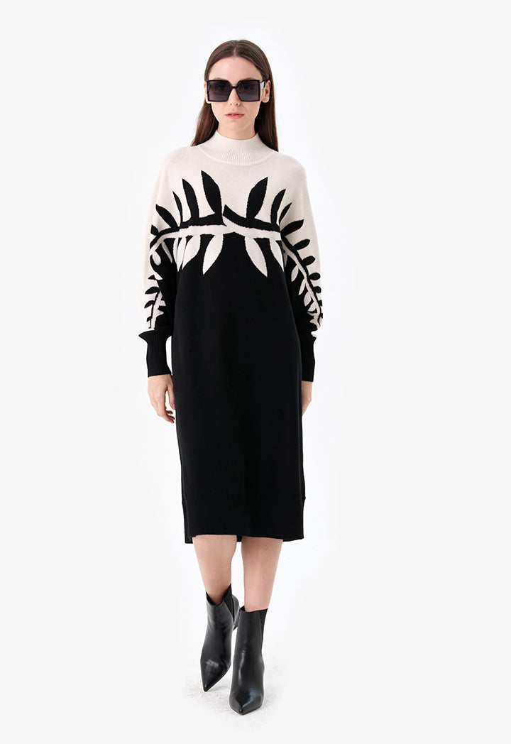 Choice Leaf Pattern Midi Dress Black