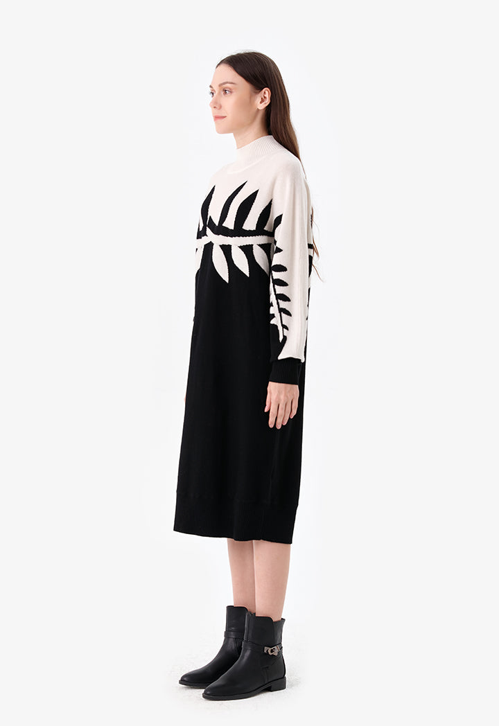 Choice Leaf Pattern Midi Dress Black