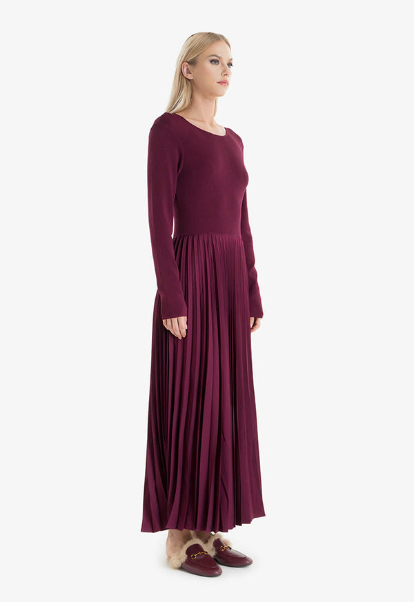 Choice Knitted Dress With Pleated Detail Burgundy