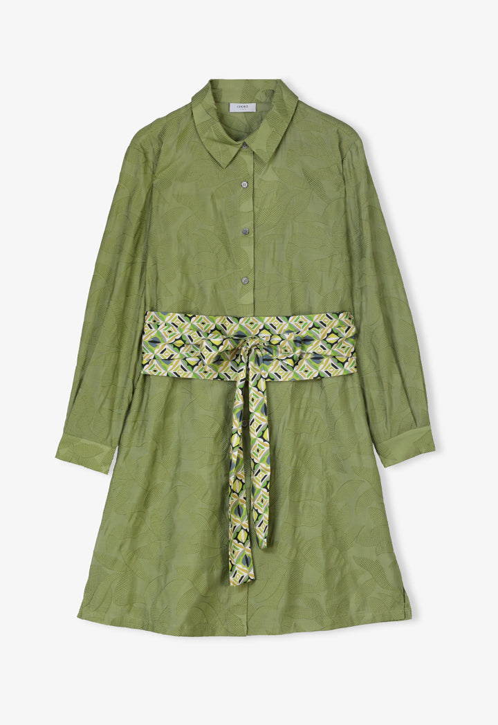 Choice Embroidered Floral Textured Midi Shirt Dress Green