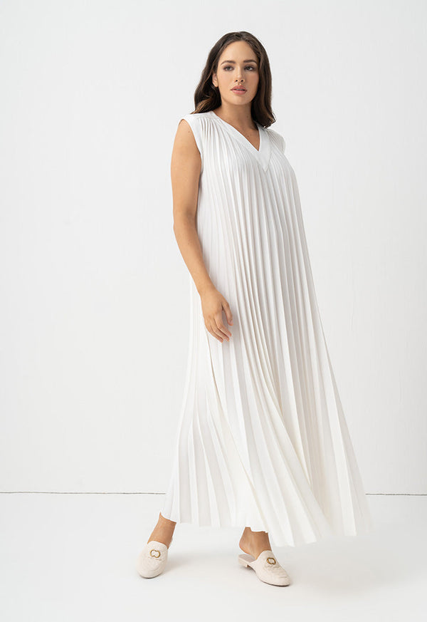Choice Sleeveless Pleated Maxi Dress Off White