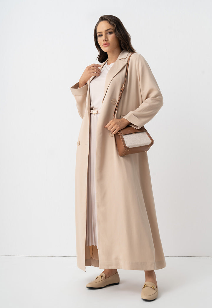 Choice Pleated Solid Long Sleeve Dress Beige