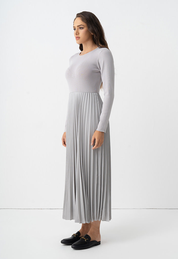 Choice Pleated Solid Long Sleeve Dress Grey