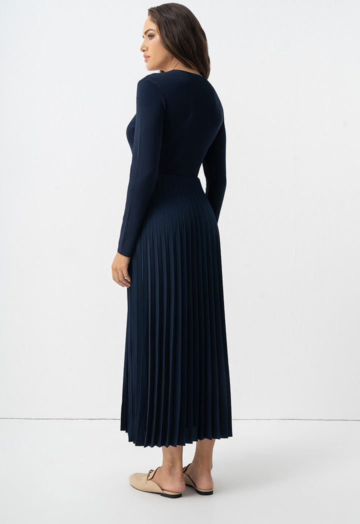 Choice Pleated Solid Long Sleeve Dress Navy