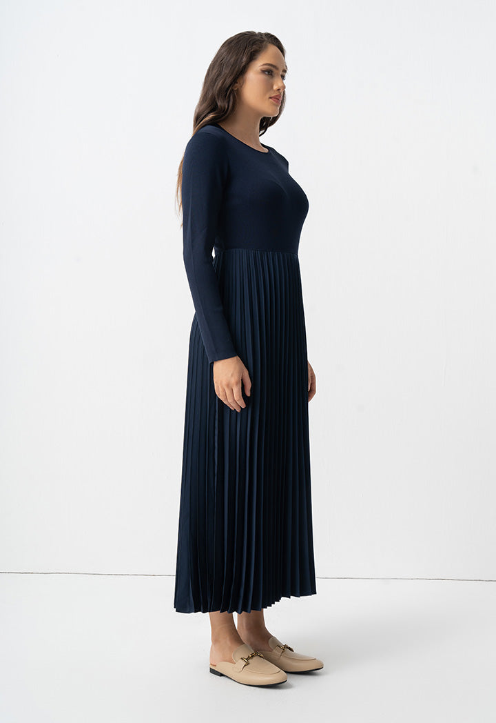 Choice Pleated Solid Long Sleeve Dress Navy