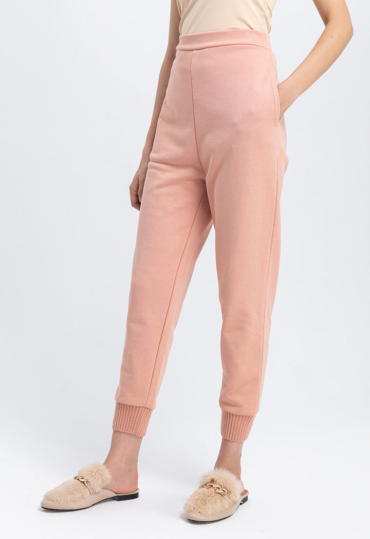 Choice Knitted Cuff Elastic Back Waist Pants Apricot