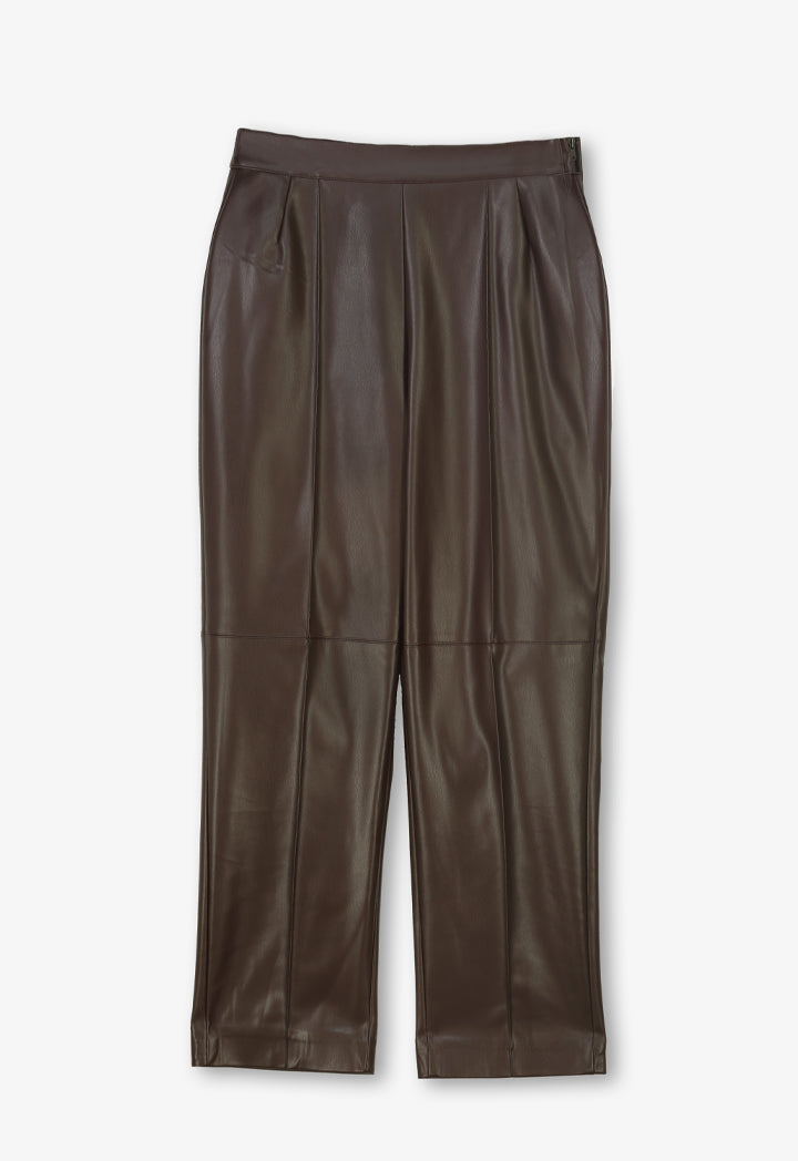 Choice Solid Leather Straight Leg Trousers Brown