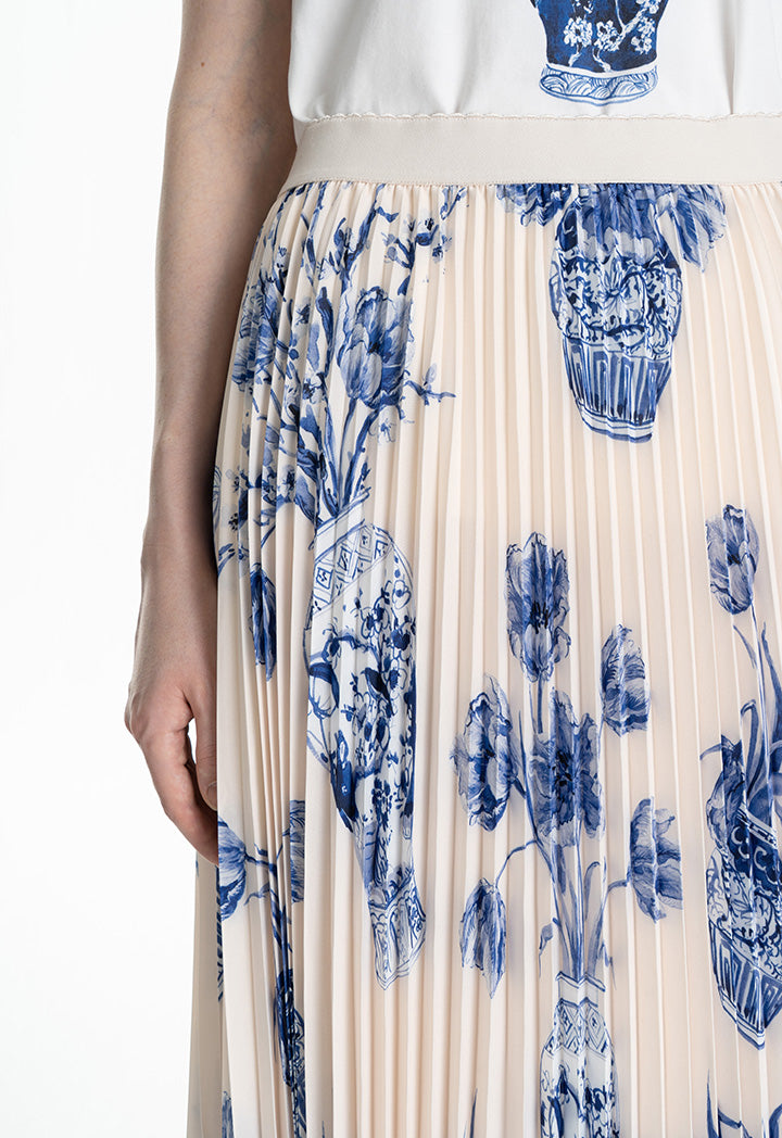Choice Floral Print Pleated Flared Skirt Indigo