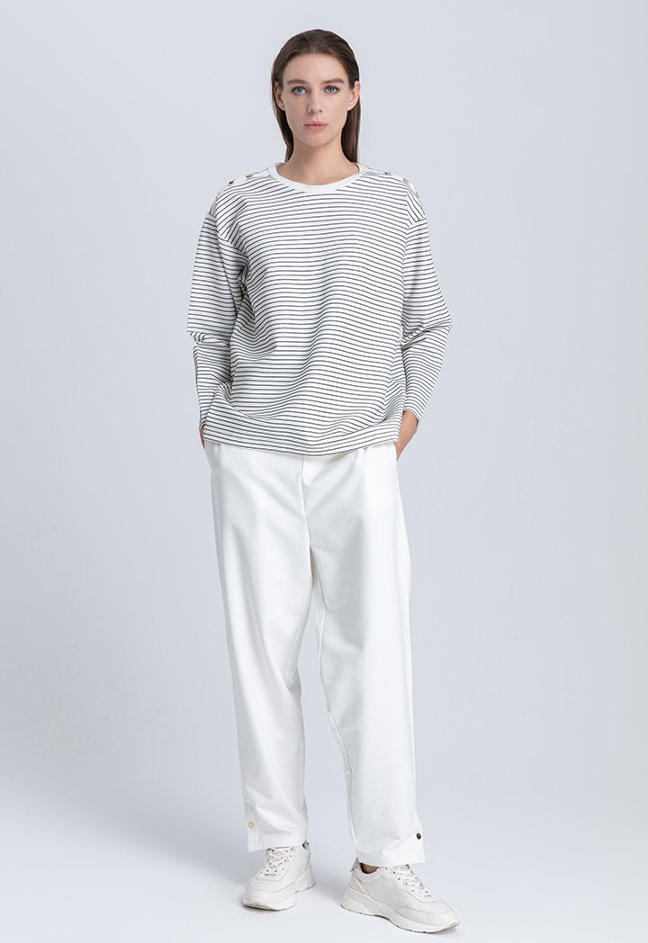Choice Striped Round Neck Knitted Blouse Off White