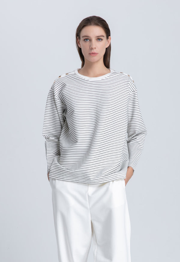 Choice Striped Round Neck Knitted Blouse Off White