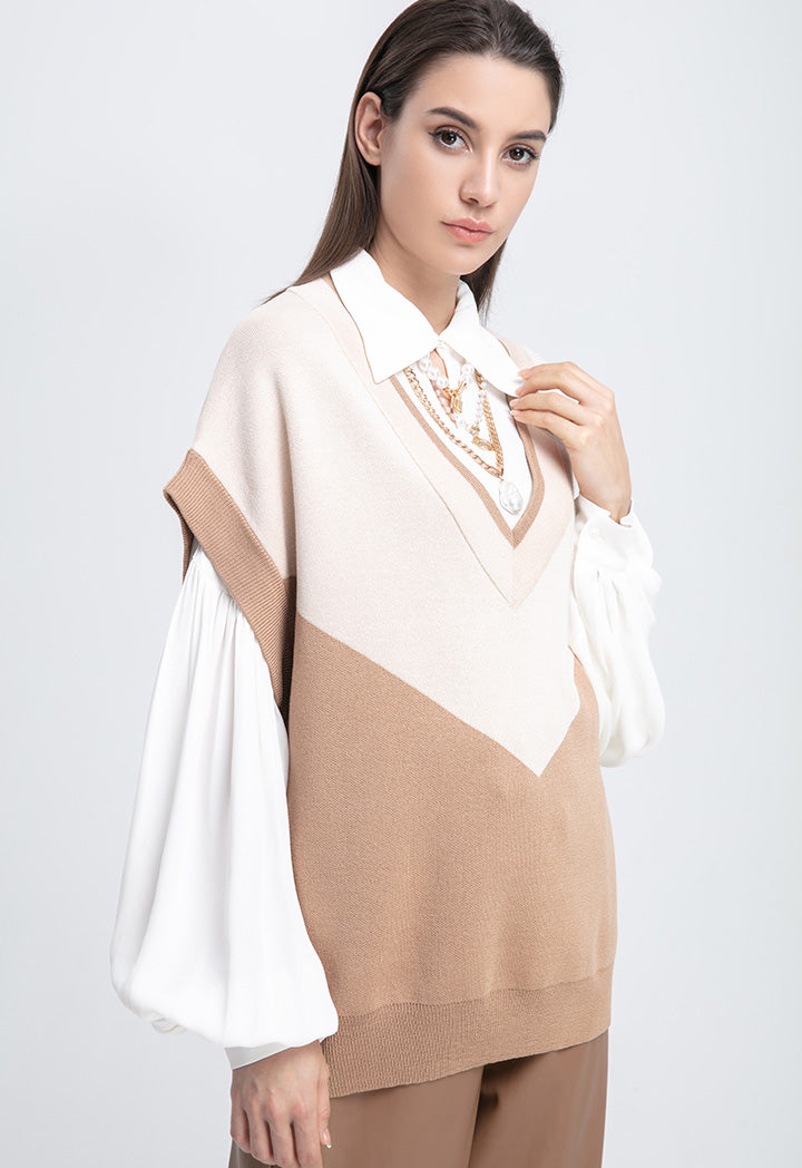 Choice Color Block Low V-Neck Knitted Sweater Blouse Winter White