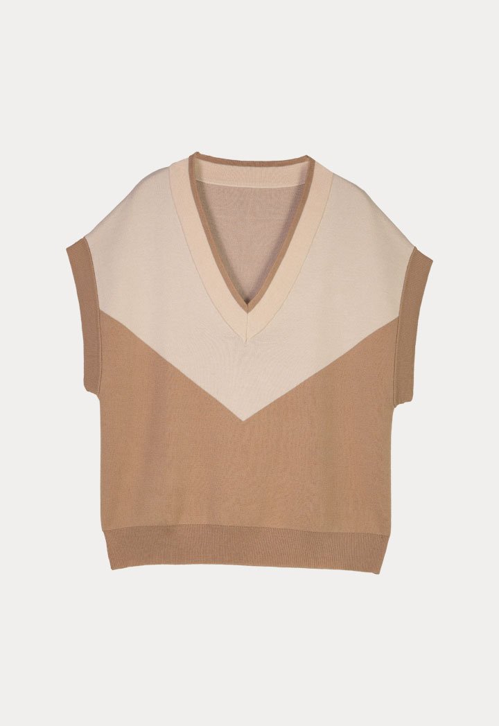 Choice Color Block Low V-Neck Knitted Sweater Blouse Winter White