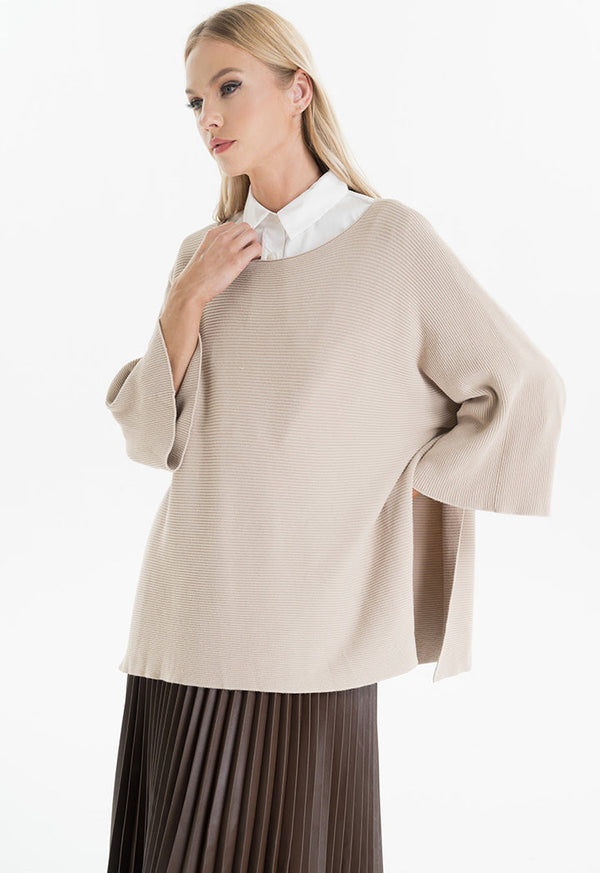 Choice Side Slit Textured Knitted Blouse Beige