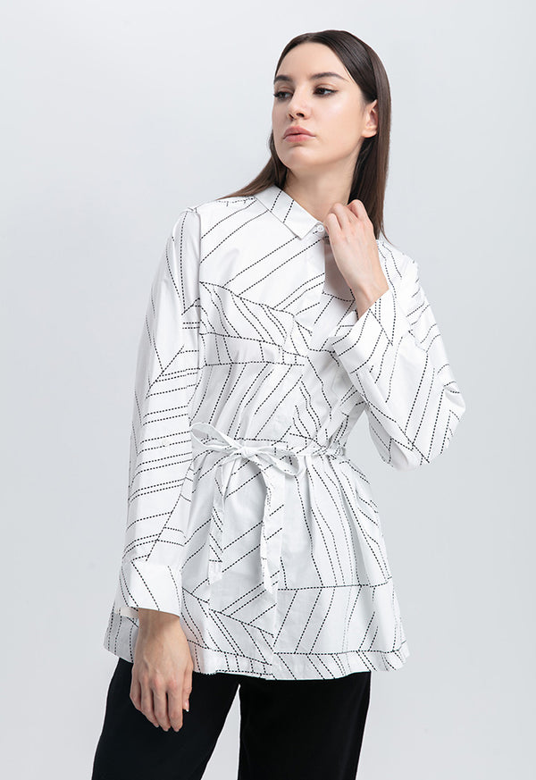 Choice Abstract Lines Print Tab Sleeve Shirt Off White