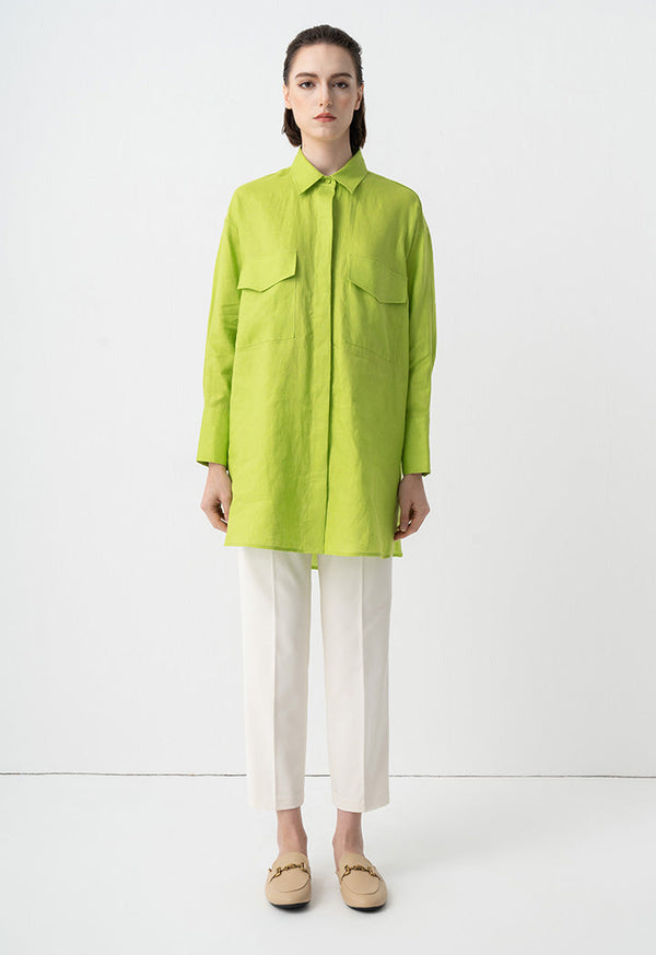 Choice Solid Front Flap Pockets Oversize Shirt Green