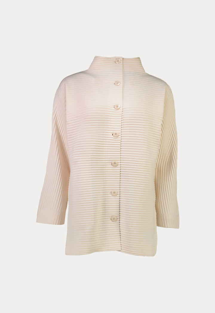 Choice Stand Collar Pleated Continuous Long Sleeve Blouse Beige