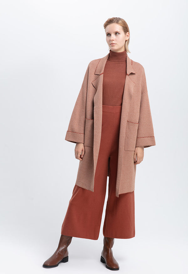 Choice Chevron Jacquard Knitted Notched Lapel Coat Cinnamon