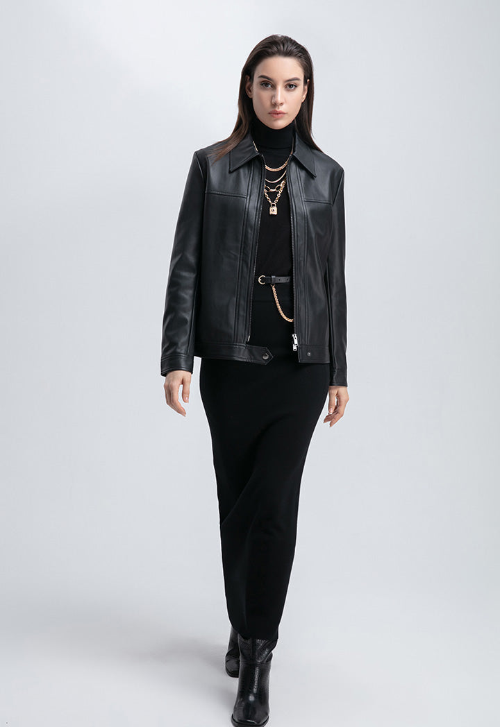 Choice Faux Leather Two-Way Zipper Jacket Black