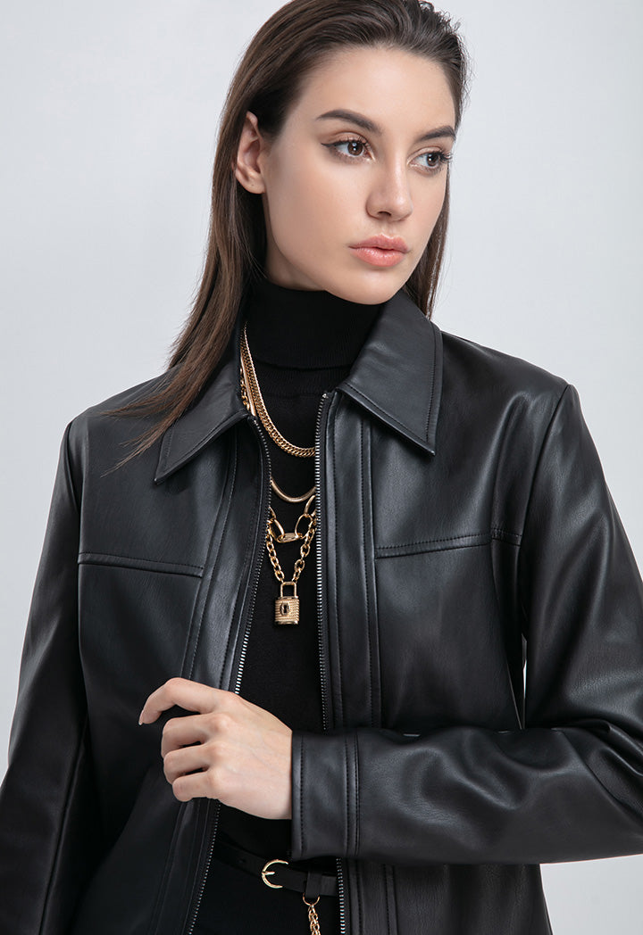 Choice Faux Leather Two-Way Zipper Jacket Black