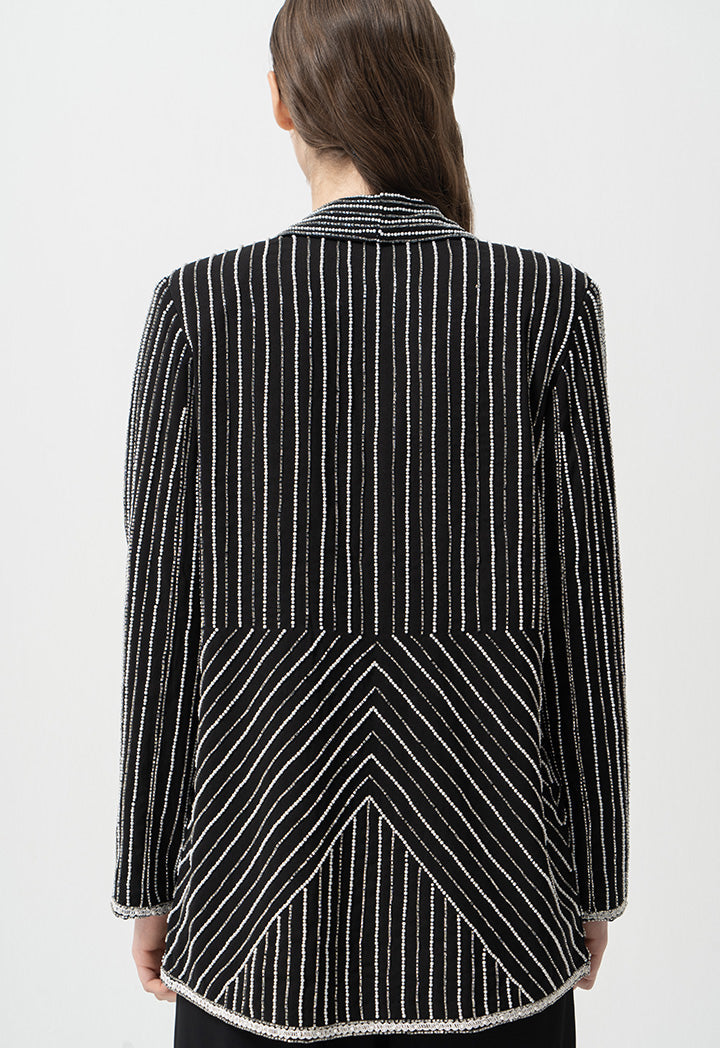 Choice Striped With Bead Embellished Blazer Black