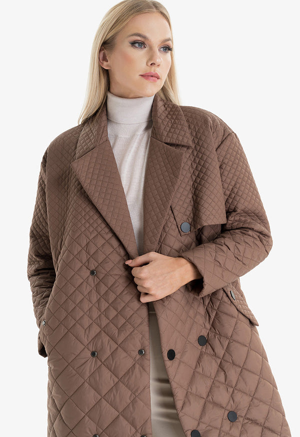 Choice Allover Quilted Double Breasted Midi Coat Brown