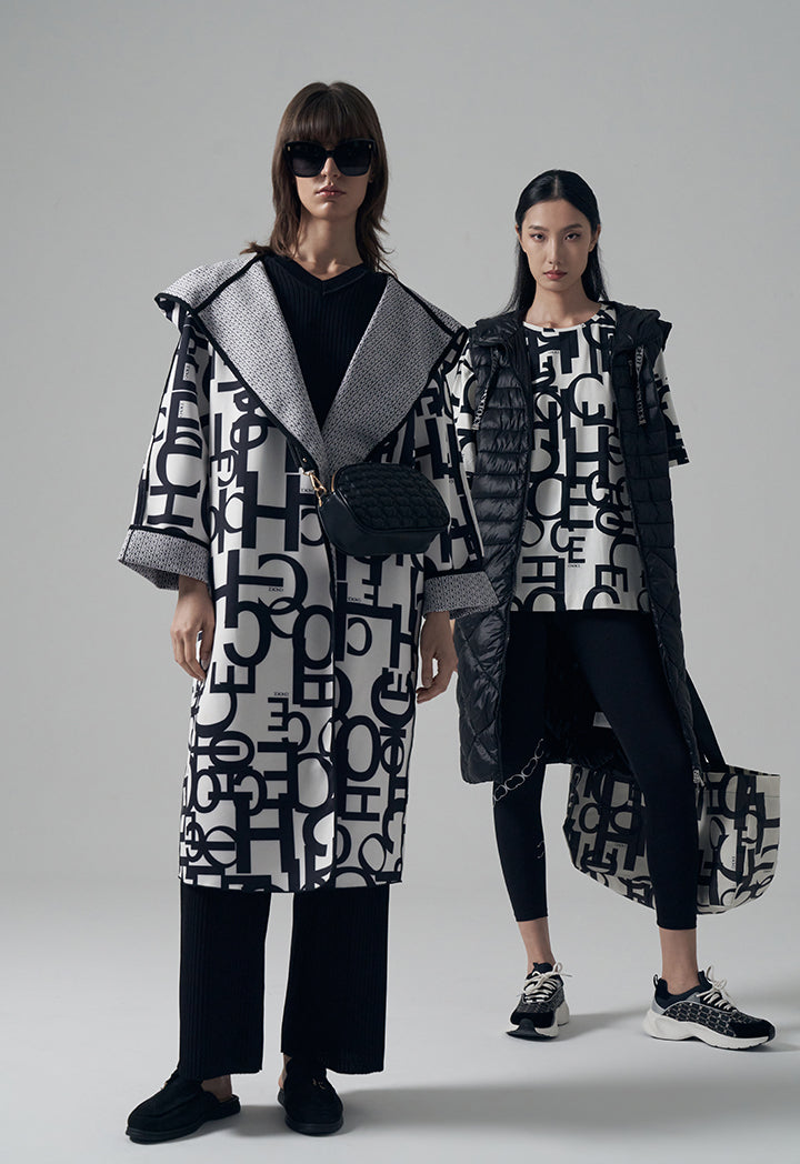 Choice Printed Monogram Belted Midi Coat Black-White