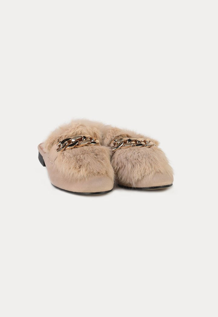 Choice Chain Detail Fur Slipper Beige