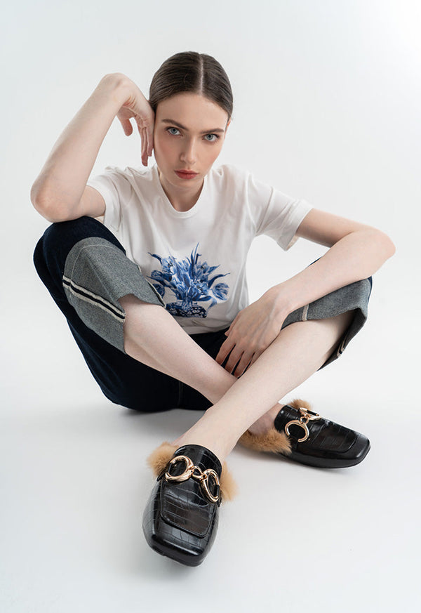 Choice Fluffy Flat Loafers With Metal Buckle Black