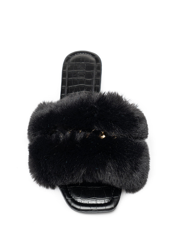 Choice Fluffy Faux Fur Chain Sandal Black
