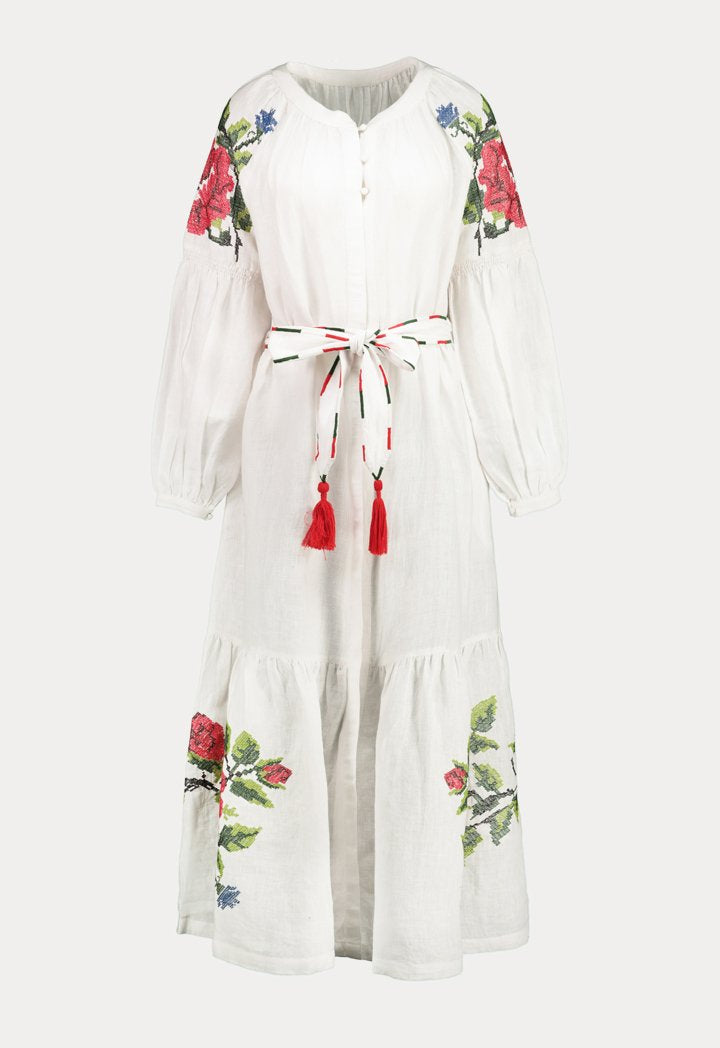 Choice Embroidered Linen Maxi Dress Off White