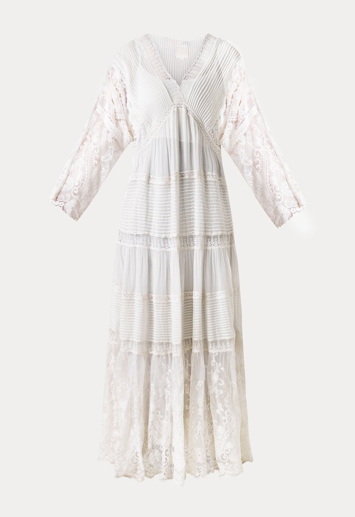 Choice V-Neck Lace Embroidered Dress Offwhite
