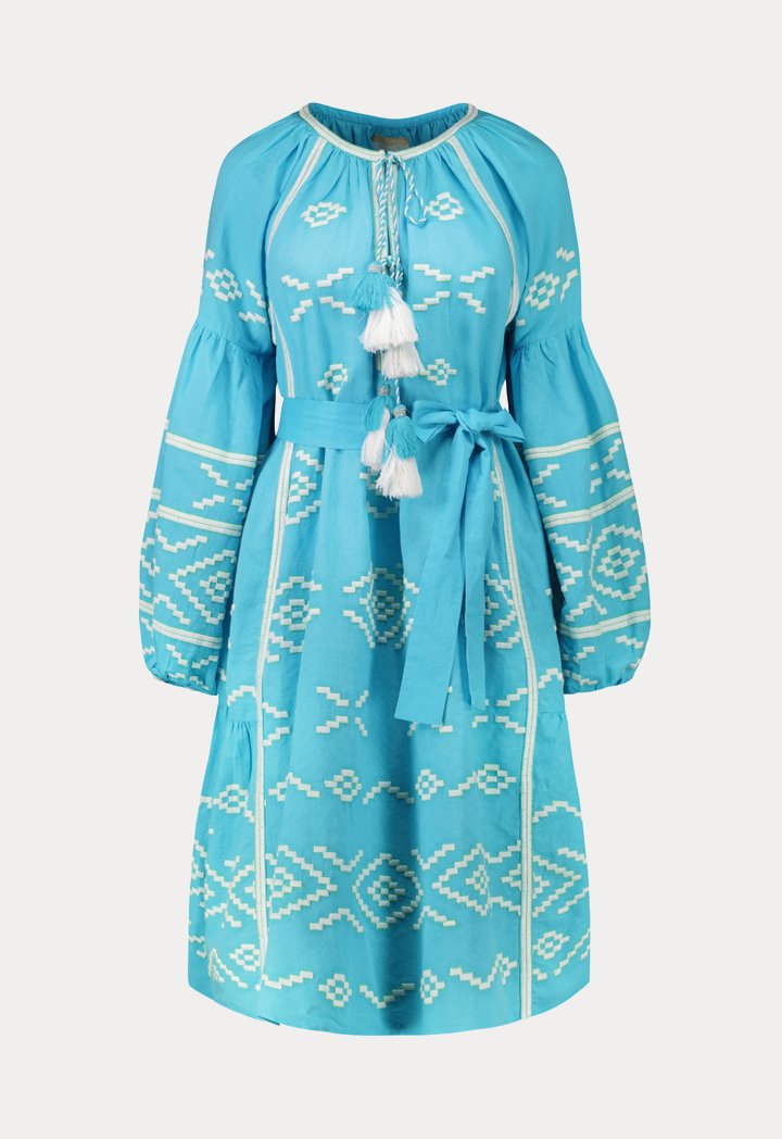 Choice Embroidered Linen Midi Dress Blue - Wardrobe Fashion