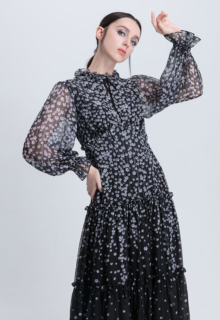 Choice Printed Ruffle Tiered Maxi Dress Black