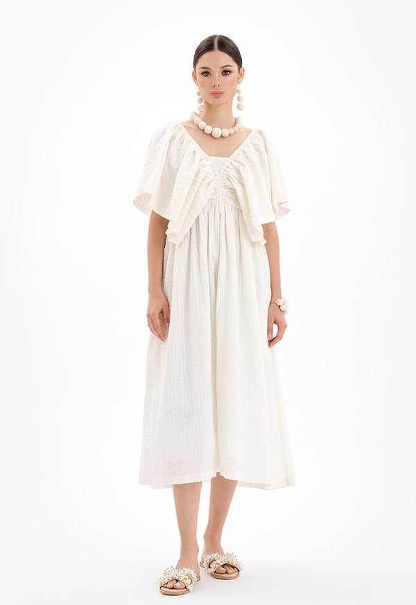 Choice Solid Textured Midi Dress With Cape Sleeves-Ramadan Style Off White