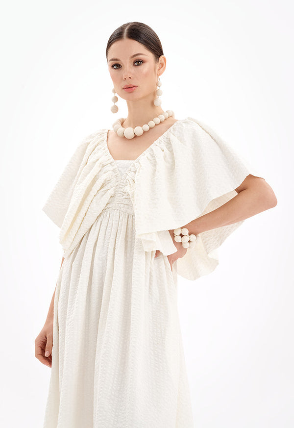 Choice Solid Textured Midi Dress With Cape Sleeves-Ramadan Style Off White