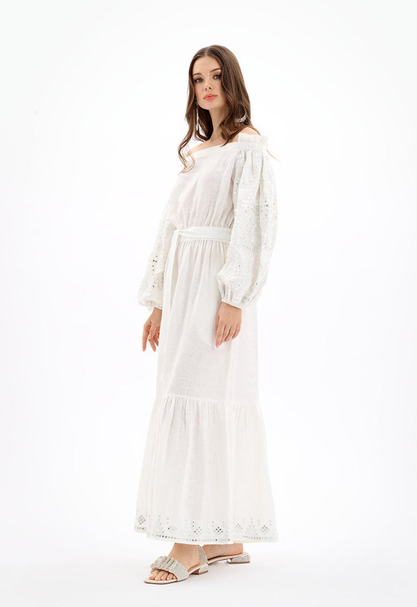 Choice Off Shoulder Maxi Embroidered Dress With Self-Fabric Belt-Ramadan Style Off White