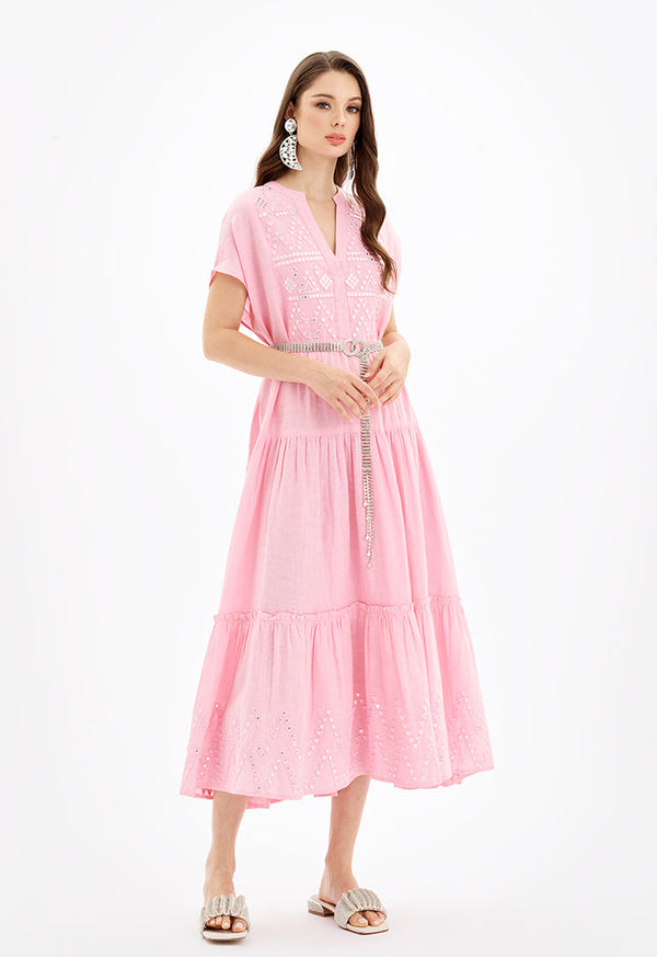 Choice Multi Tiered Embroidered Maxi Dress-Ramadan Style Pink