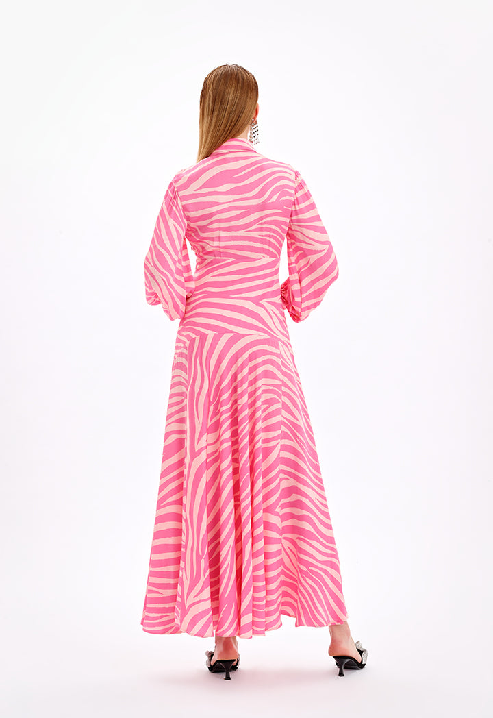 Choice Sleeved Collared Tiered Printed Dress-Ramadan Style Fuchsia/Light Pink
