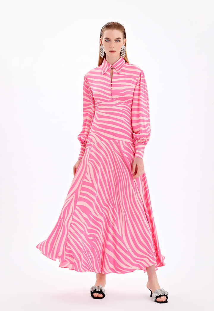 Choice Sleeved Collared Tiered Printed Dress-Ramadan Style Fuchsia/Light Pink