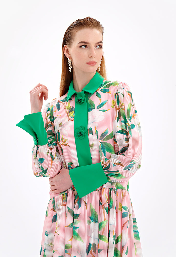 Choice Floral Pleated Shirt Dress Pink