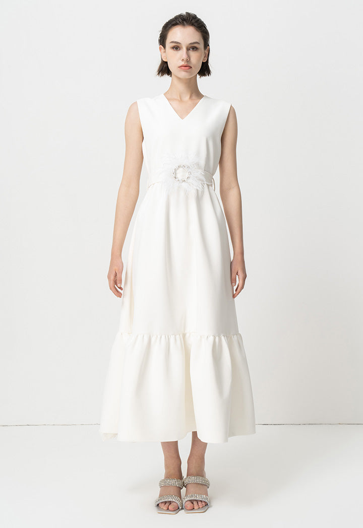 Choice Solid Sleeveless Maxi Party Dress With Crystal Embellished Belt Offwhite